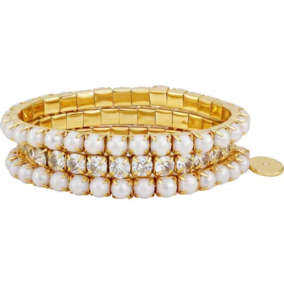 Vince Camuto Imitation Pearl And Crystal Set Of 3 Stretch Bracelets In Gold Tone