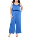 Vince Camuto Jumpsuit Women's Blue Cinched Waist Wide Leg Shoulder Strap Fts1228 In Blue