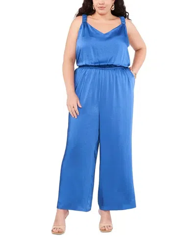 Vince Camuto Jumpsuit Women's Blue Cinched Waist Wide Leg Shoulder Strap Fts1228
