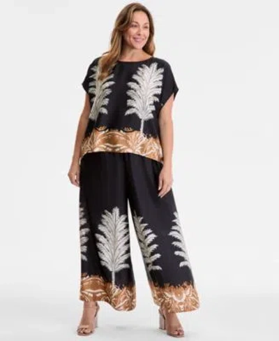 Vince Camuto June Hero Look Plus Size Placed Print Boat Neck Caftan Blouse Printed Pull On Wide Leg Pants In Black