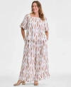 Vince Camuto June Hero Look Plus Size Printed Square Neck Short Sleeve Blouse Printed Wide Leg Gathered Pants In Neutral