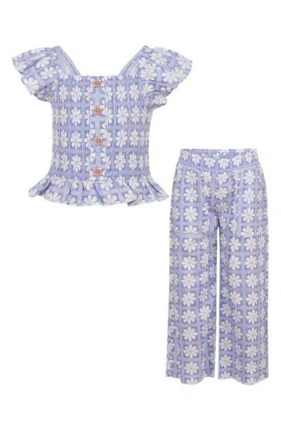 Vince Camuto Kids' Daisy Print Flutter Sleeve Top & Pants Set In Blue