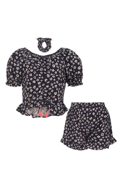 Vince Camuto Kids' Ditsy Floral Top, Shorts & Scrunchie Set In Black