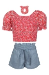 VINCE CAMUTO VINCE CAMUTO KIDS' SMOCKED TOP, PAPERBAG SHORTS & SCRUNCHIE SET