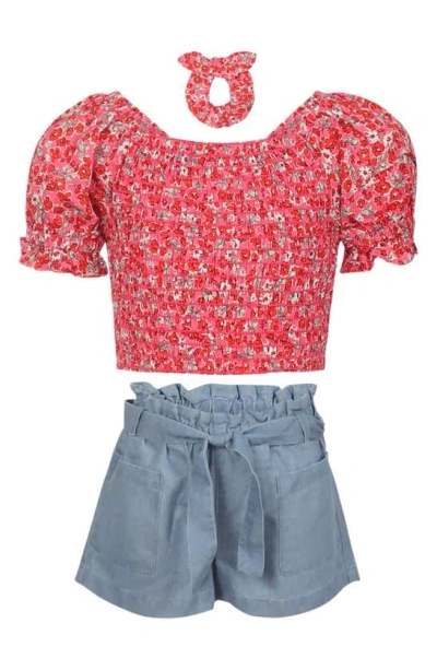 Vince Camuto Kids' Smocked Top, Paperbag Shorts & Scrunchie Set In Rose