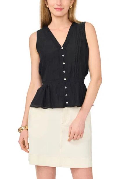 Vince Camuto Lace Trim Button-up Peplum Tank In Black