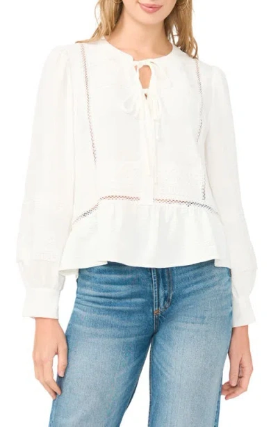 Vince Camuto Lace Yoke Tie Front Long Sleeve Top In White