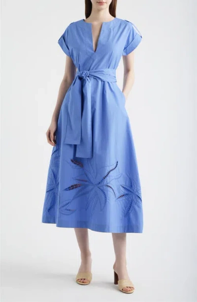 Vince Camuto Ladder Stitch Embroidered Tie Belt Cotton Poplin Midi Dress In Blue