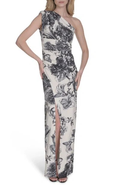 Vince Camuto Laguna Floral One-shoulder Sheath Gown In Ivory