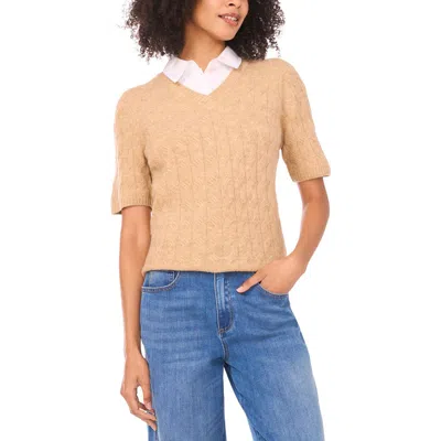Vince Camuto Layered Look Cable Short Sleeve Sweater In Brown