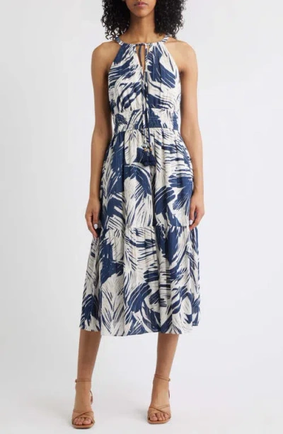 Vince Camuto Leaf Print Cotton Halter Neck Midi Dress In Blue