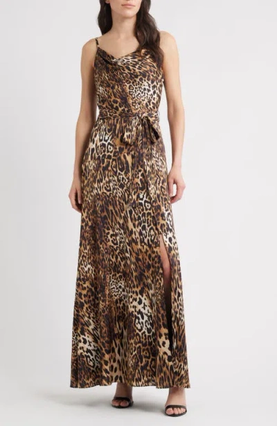 Vince Camuto Leopard Print Aysmmetric Neck Satin Gown In Animal Print