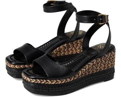 VINCE CAMUTO LILLA SANDAL WOMEN'S BLACK LEATHER PLATFORM WEDGE ESPADRILLE VER458