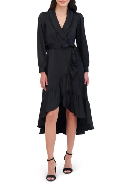 Vince Camuto Long Sleeve Faux Wrap Satin High-low Dress In Black