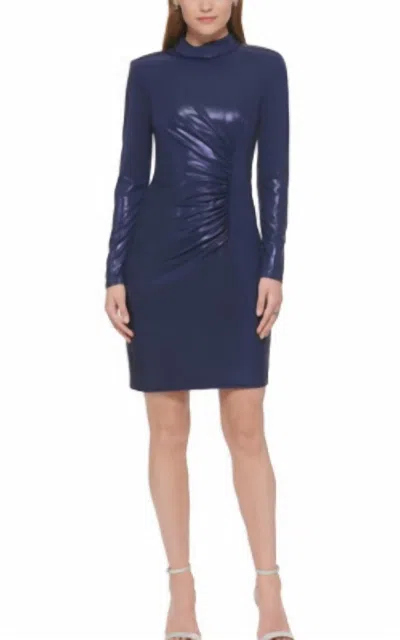 Vince Camuto Long Sleeve Metallic Midi Dress In Navy Metallic In Blue