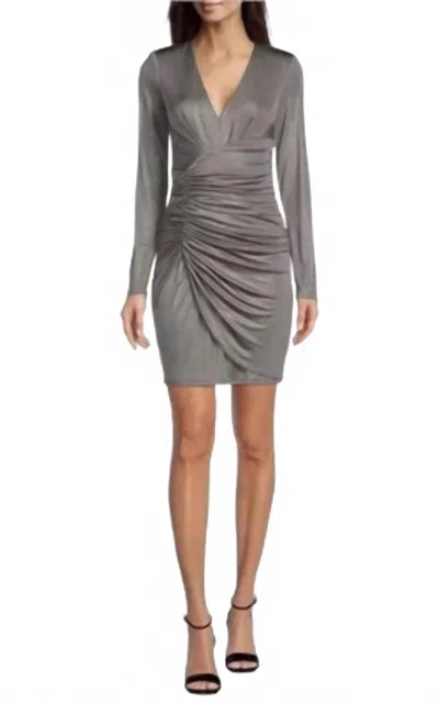 Vince Camuto Long Sleeve Metallic Ruched Mini Dress In Silver In Gray