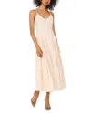 Vince Camuto Floral Godet Pleat Linen Blend Dress In Oyster Grey