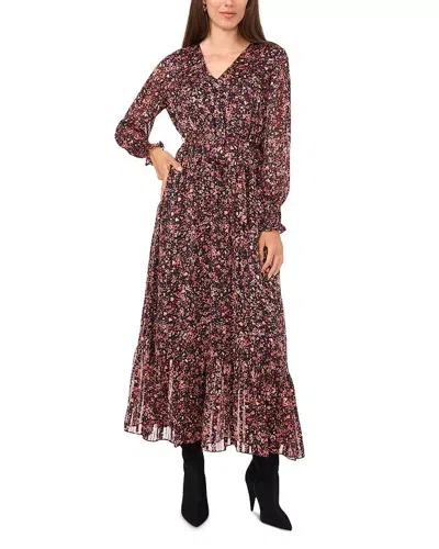 Vince Camuto Maxi Dress Women Black Floral Tie-waist Balloon Sleeve Ups670 In Brown