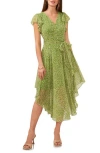 Vince Camuto Maze Print Flutter Sleeve Asymmetric Hem Midi Dress In Green
