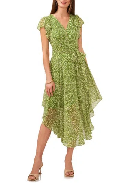 Vince Camuto Maze Print Flutter Sleeve Asymmetric Hem Midi Dress In Green