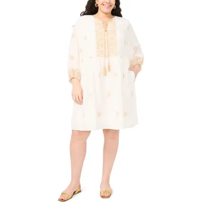 Vince Camuto Medallion Print Split Neck Minidress In Brown