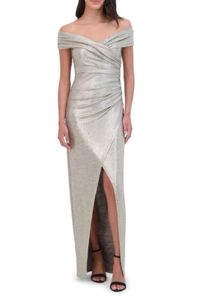 Vince Camuto Metallic Draped Off The Shoulder Gown In Gold