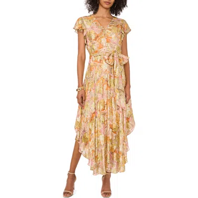 Vince Camuto Metallic Floral Asymmetric Hem Dress In Crushed Orange