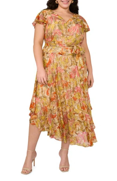 Vince Camuto Metallic Floral Flutter Sleeve Dress In Crushed Orange