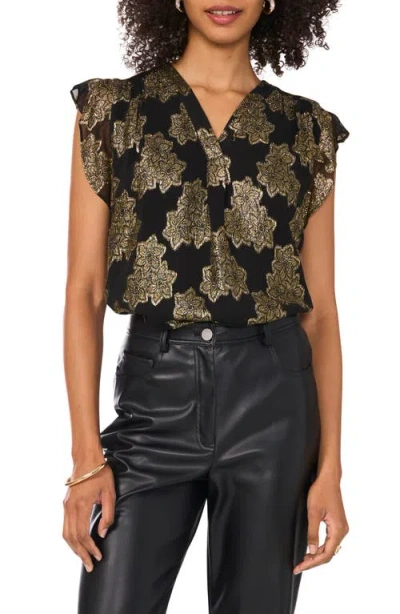 Vince Camuto Metallic Floral Flutter Sleeve Top In Rich Black