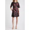 Vince Camuto Metallic Floral Jacquard Elbow Sleeve Fit & Flare Dress In Red