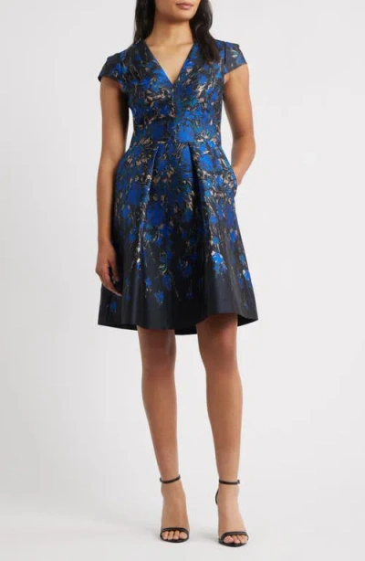 Vince Camuto Metallic Floral Jacquard Fit & Flare Dress In Blue