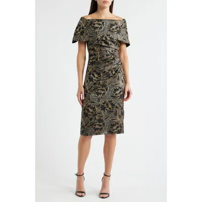 Vince Camuto Metallic Floral Jacquard Off The Shoulder Organza Cocktail Dress In Black