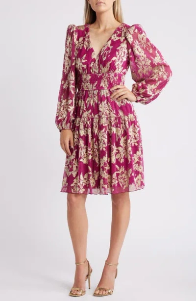 Vince Camuto Metallic Floral Long Sleeve Fit & Flare Dress In Magenta