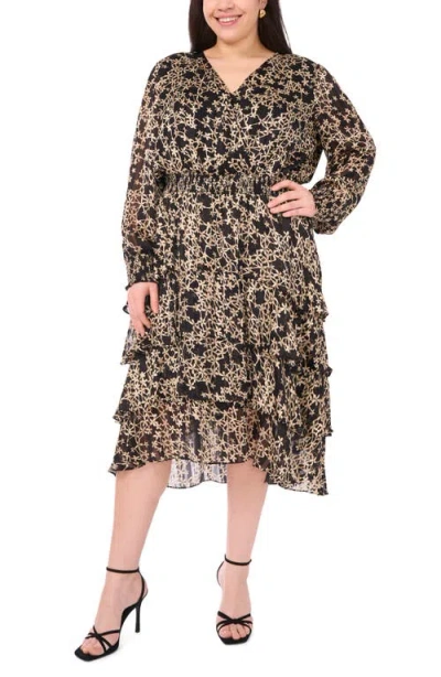 Vince Camuto Metallic Floral Long Sleeve Midi Dress In Multi