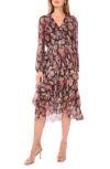 Vince Camuto Metallic Floral Long Sleeve Plissé Midi Dress In Multi