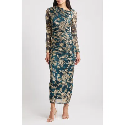 Vince Camuto Metallic Floral Long Sleeve Ruched Gown In Blue