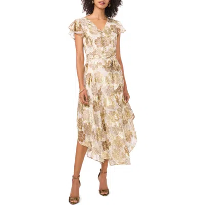 Vince Camuto Metallic Floral Print Flutter Midi Dress In Turtle Dove