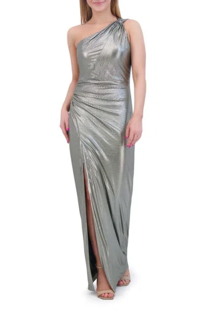 Vince Camuto Metallic One-shoulder Body-con Gown In Olive
