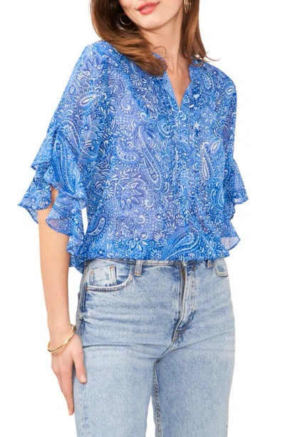 Vince Camuto Metallic Paisley Flutter Sleeve Top In Sapphire Blue