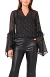 Vince Camuto Metallic Print Ruffle Sleeve Chiffon Top In Black