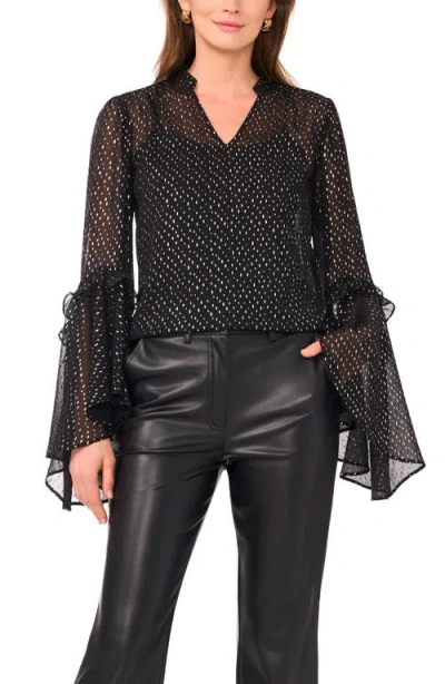Vince Camuto Metallic Print Ruffle Sleeve Chiffon Top In Black