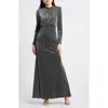 Vince Camuto Metallic Rhinestone Long Sleeve Mermaid Gown In Gray