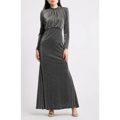 Vince Camuto Metallic Rhinestone Long Sleeve Mermaid Gown In Gray