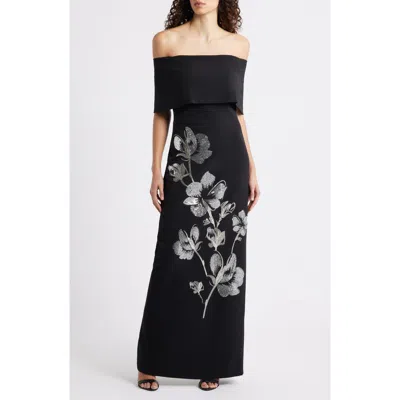 Vince Camuto Metallic Sequin Placed Floral Embroidery Strapless Gown In Black