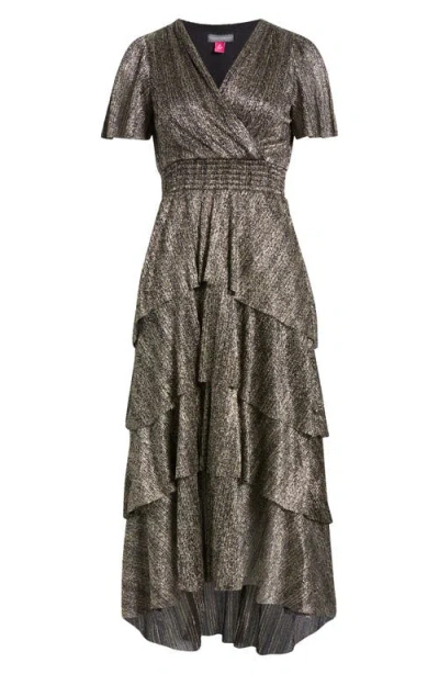 Vince Camuto Metallic Tiered Midi Dress In Rich Black/metallic