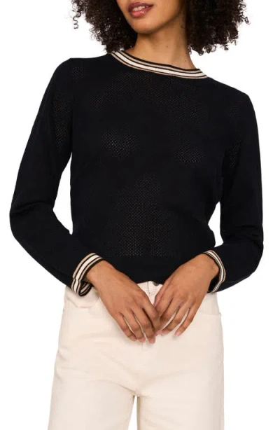 Vince Camuto Metallic Tipped Cotton Mesh Crewneck Sweater In Rich Black
