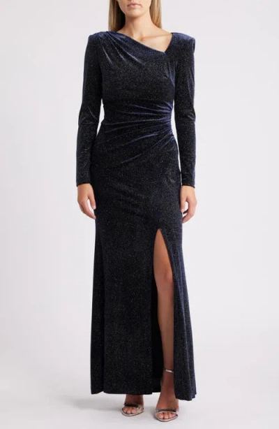Vince Camuto Metallic Velvet Long Sleeve Gown In Navy