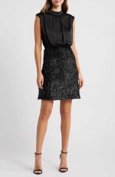 Vince Camuto Mixed Media Metallic Knit Skirt Cocktail Dress In Black