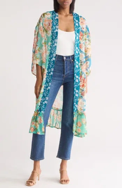 Vince Camuto Mixed Print Colorblock Duster In Teal