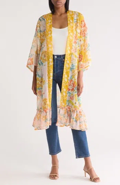 Vince Camuto Mixed Print Colorblock Duster In Yellow